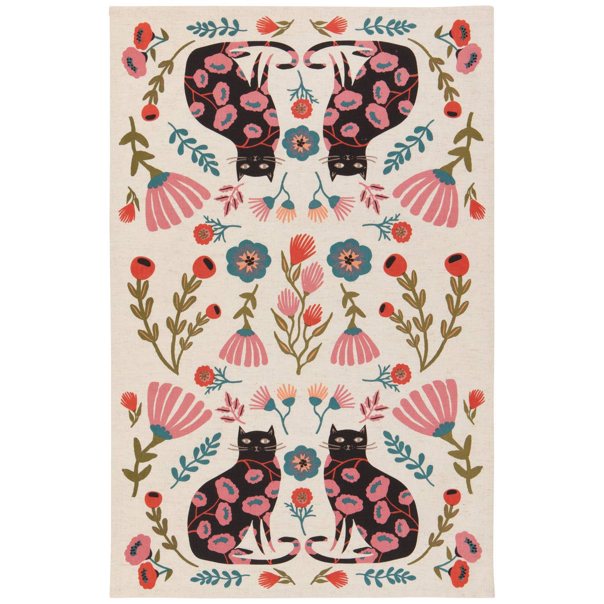 4 Black Cats in Flower Garden - Tea towel