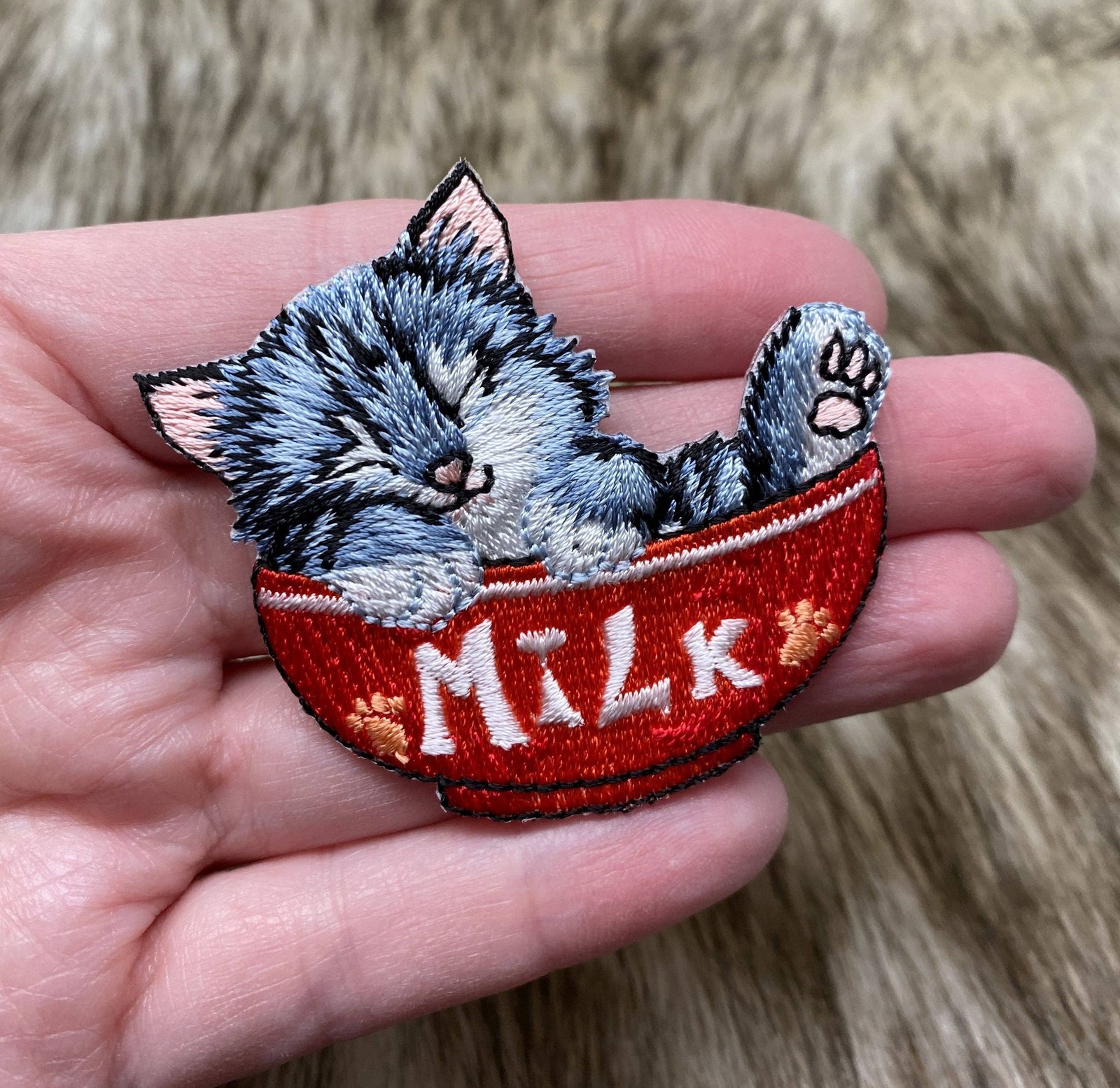 Cat in Red Milk Bowl - Embroidered Iron on Patch