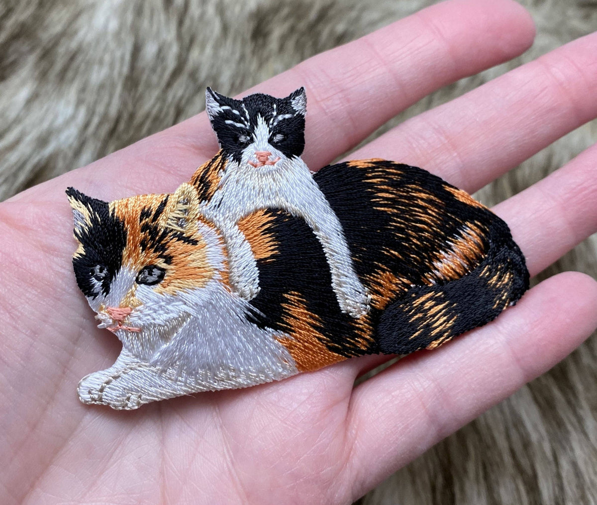 Calico Mother Cat and Kitten - Embroidered Iron on Patch