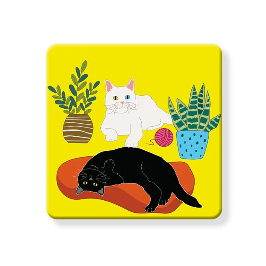 At Home With Black And White Cat - Cork Coaster