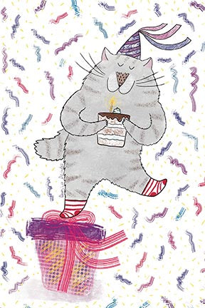 Cat With Cake Standing On Box - Greeting Card