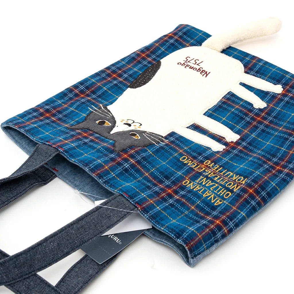 Kusuguru Japan Nago Cat - Embroidered Small Tote - Blue