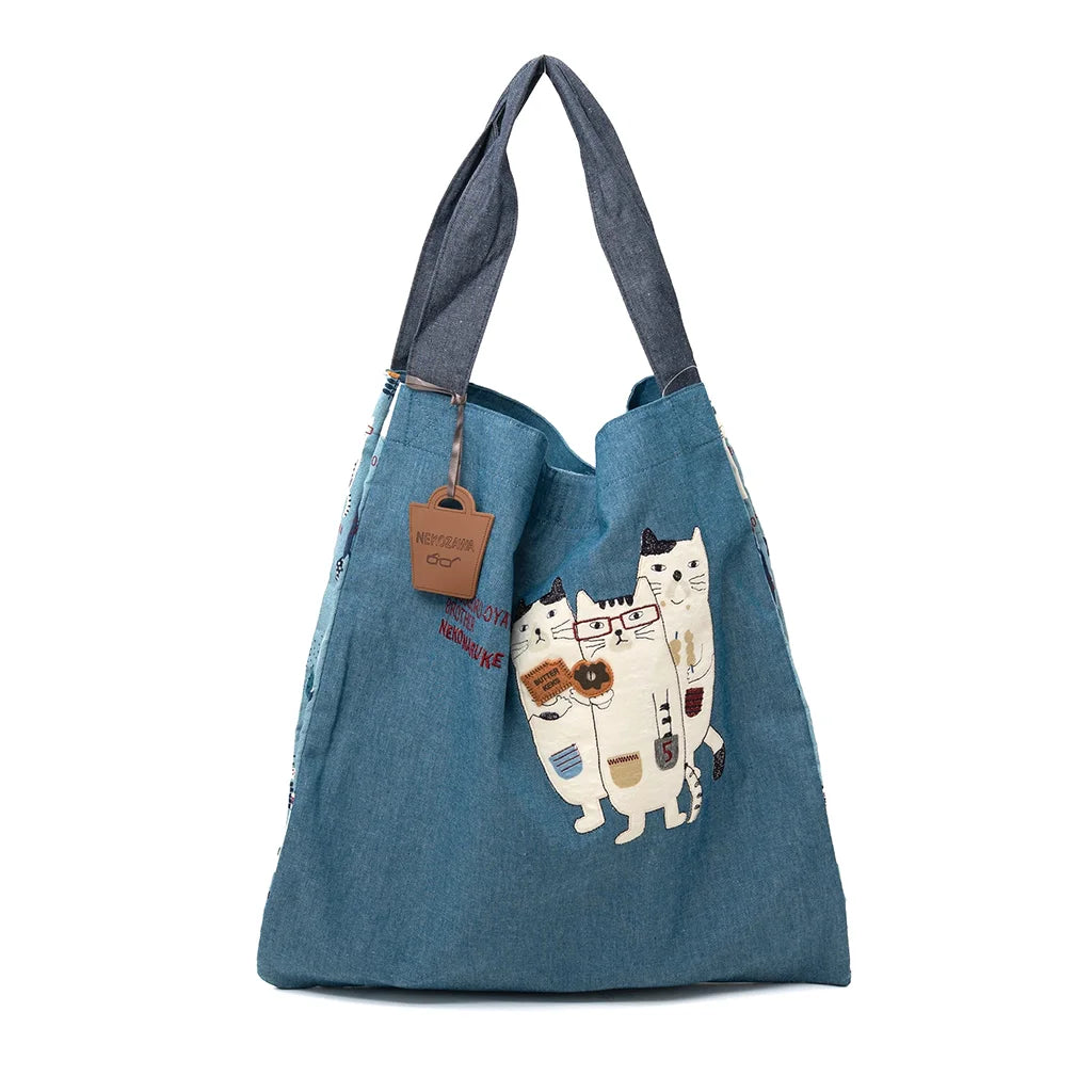 Three Cats - Embroidered Large Tote Bag