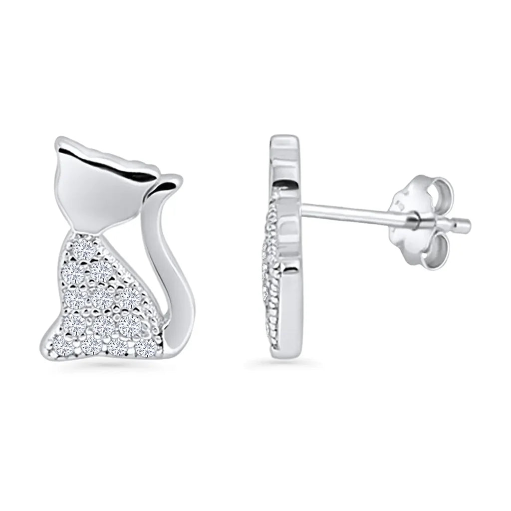 Sitting Kitty with Cubic Zirconia Body - Stud Earrings