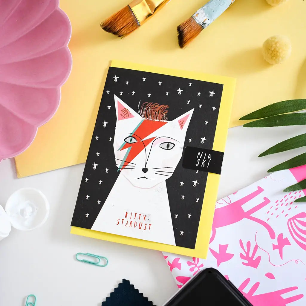 Kitty Stardust Cat Musician - Greeting Card