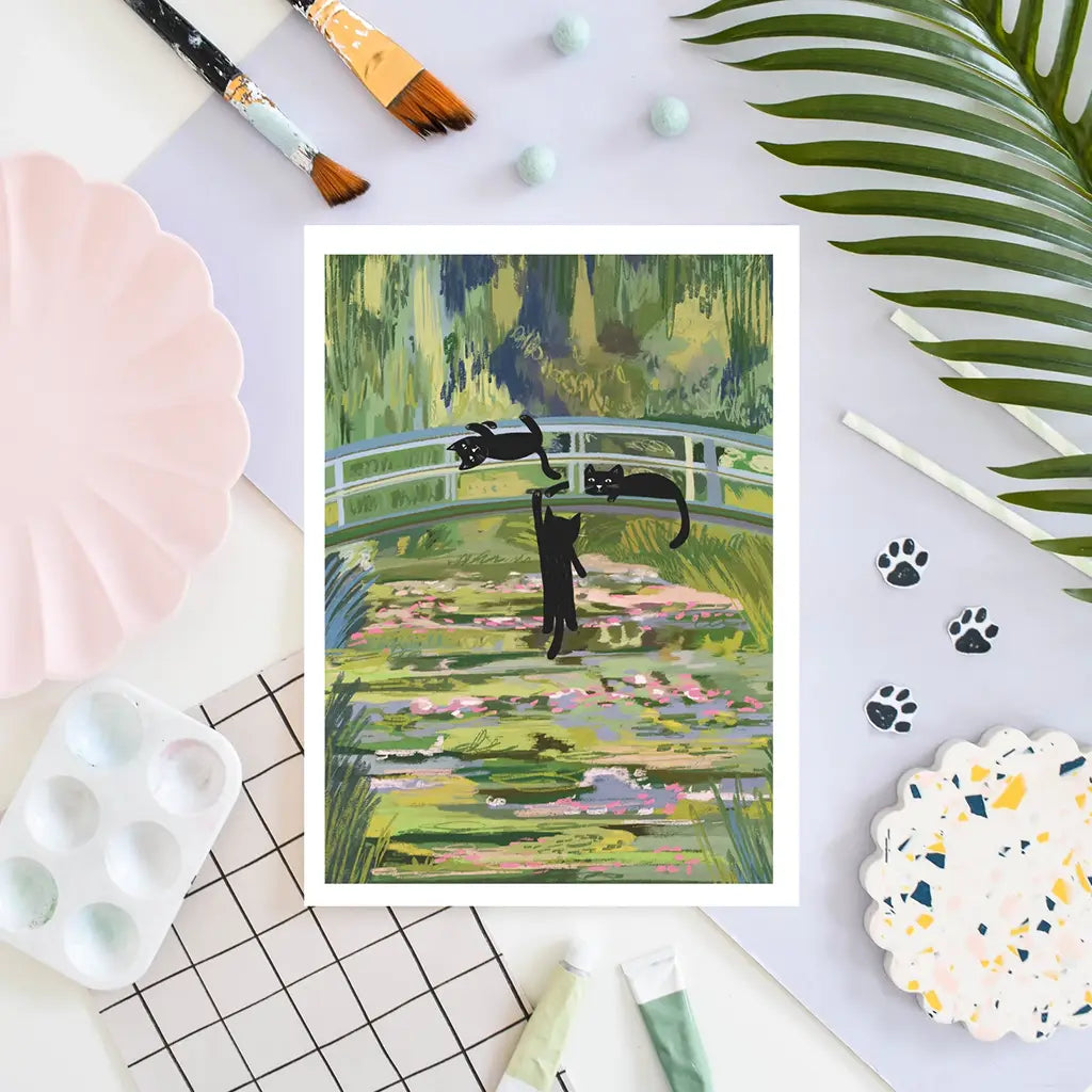 Clawed Monet Cats On A Bridge - Art Print