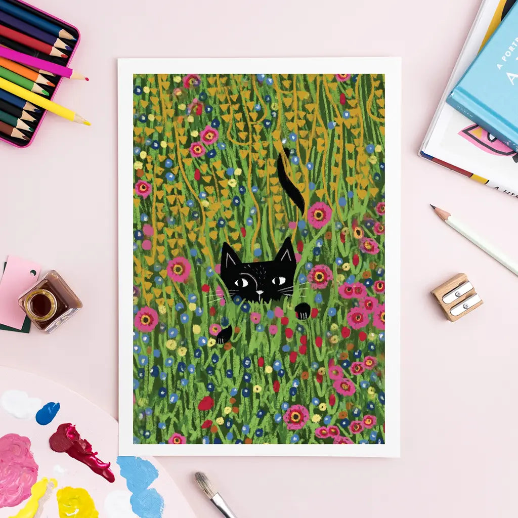 Cat hiding in a Klimt Garden - Art Print