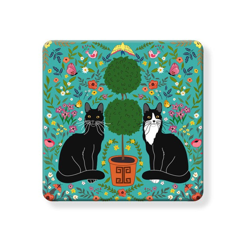 Black Cat and Tuxedo Cat With Topiary - Cork Coaster