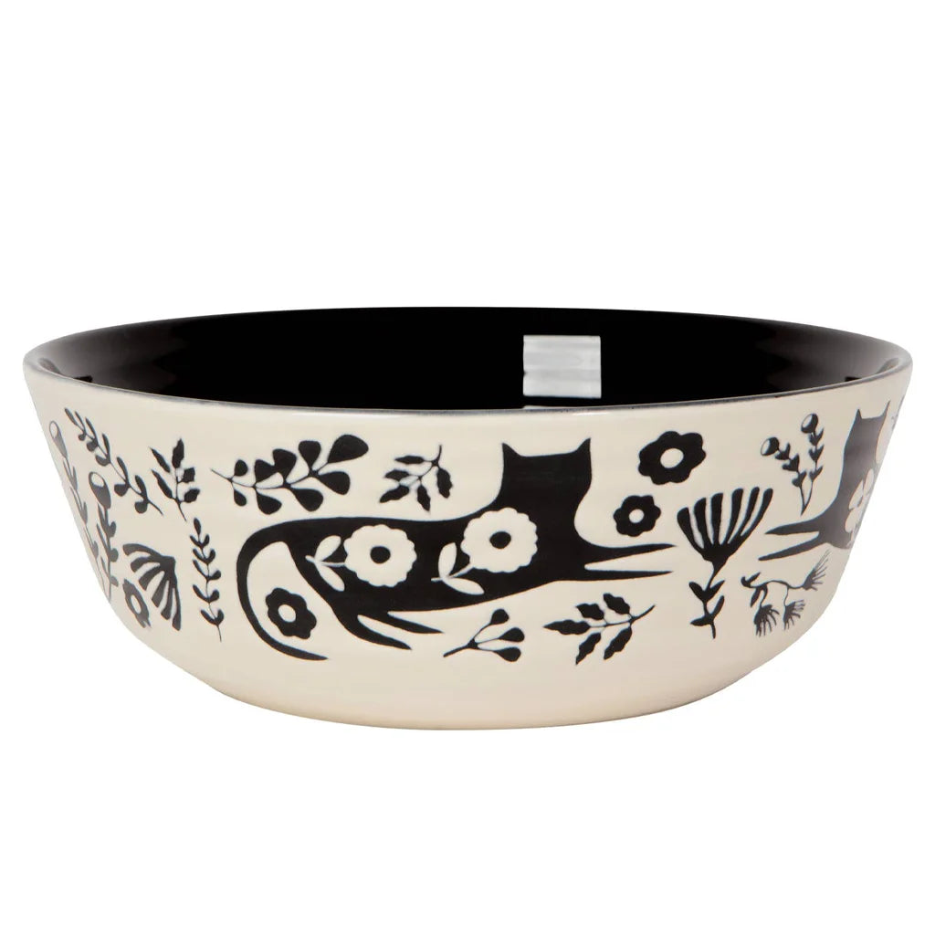Decorative bowl with black &amp; white floral and cat design on a white background