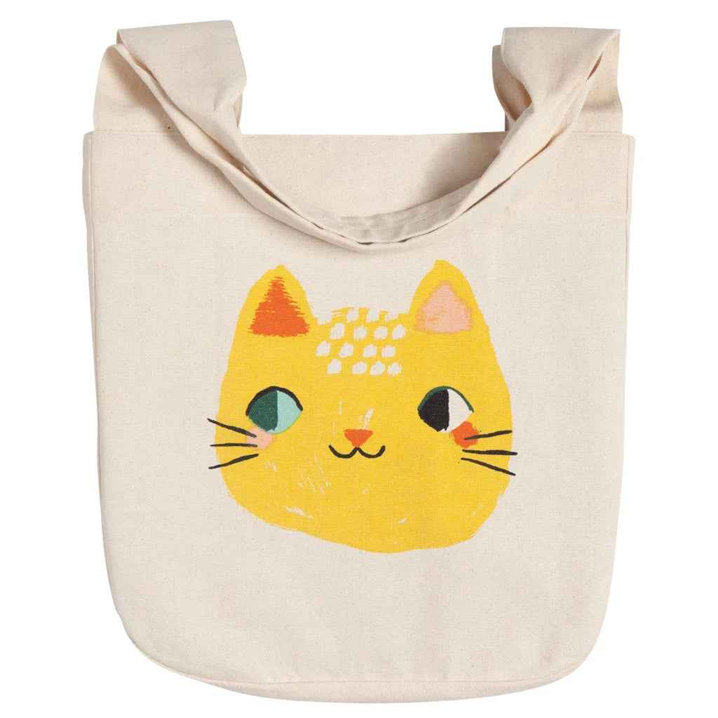 Natural cotton tote bag with a yellow cat face design on a white background