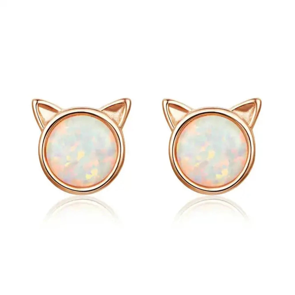 Opal Kitty face -  Rose Sterling Silver Earrings