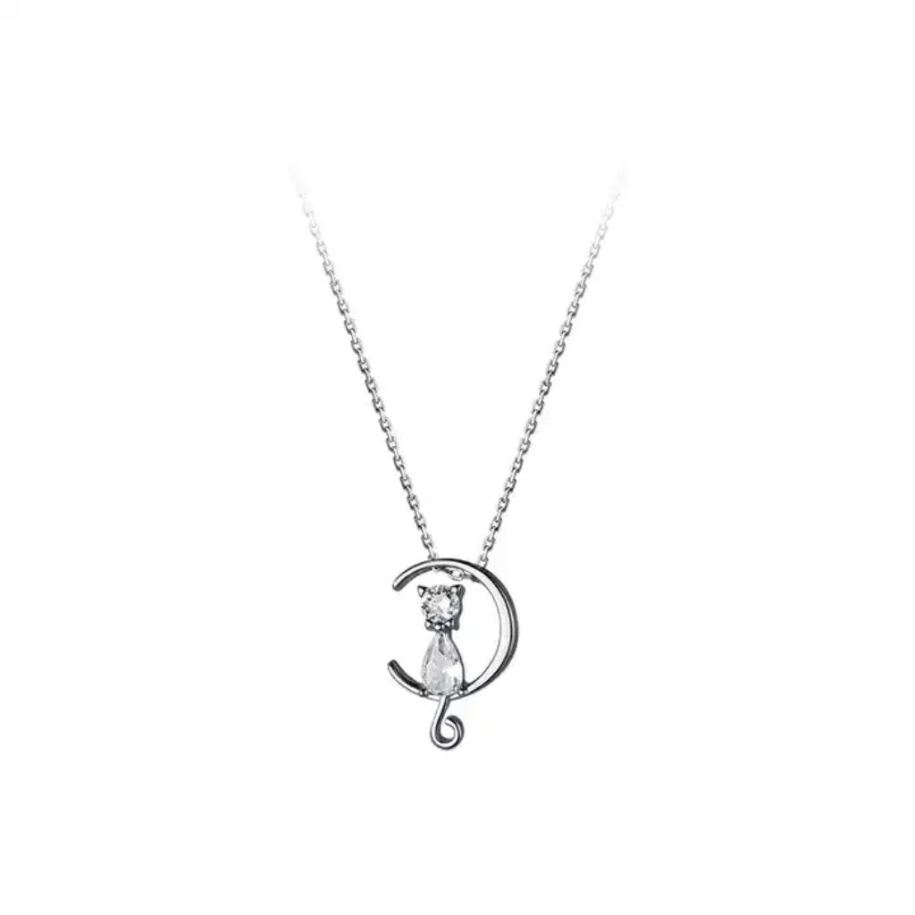 Kitty On Silver Moon - Sterling Silver Necklace