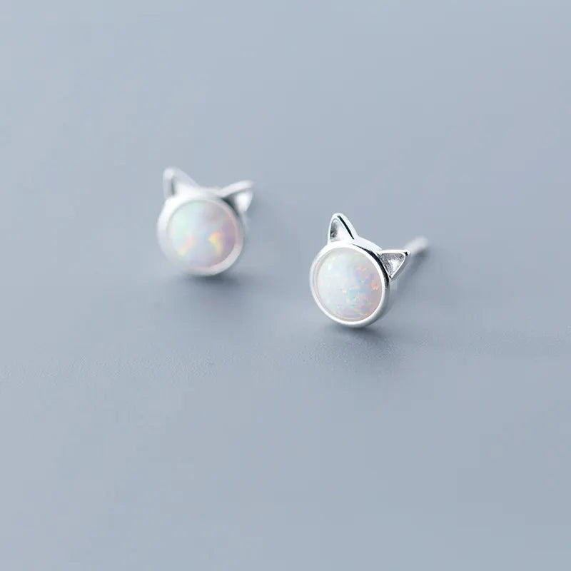 Opal Kitty face -  Sterling Silver Earrings