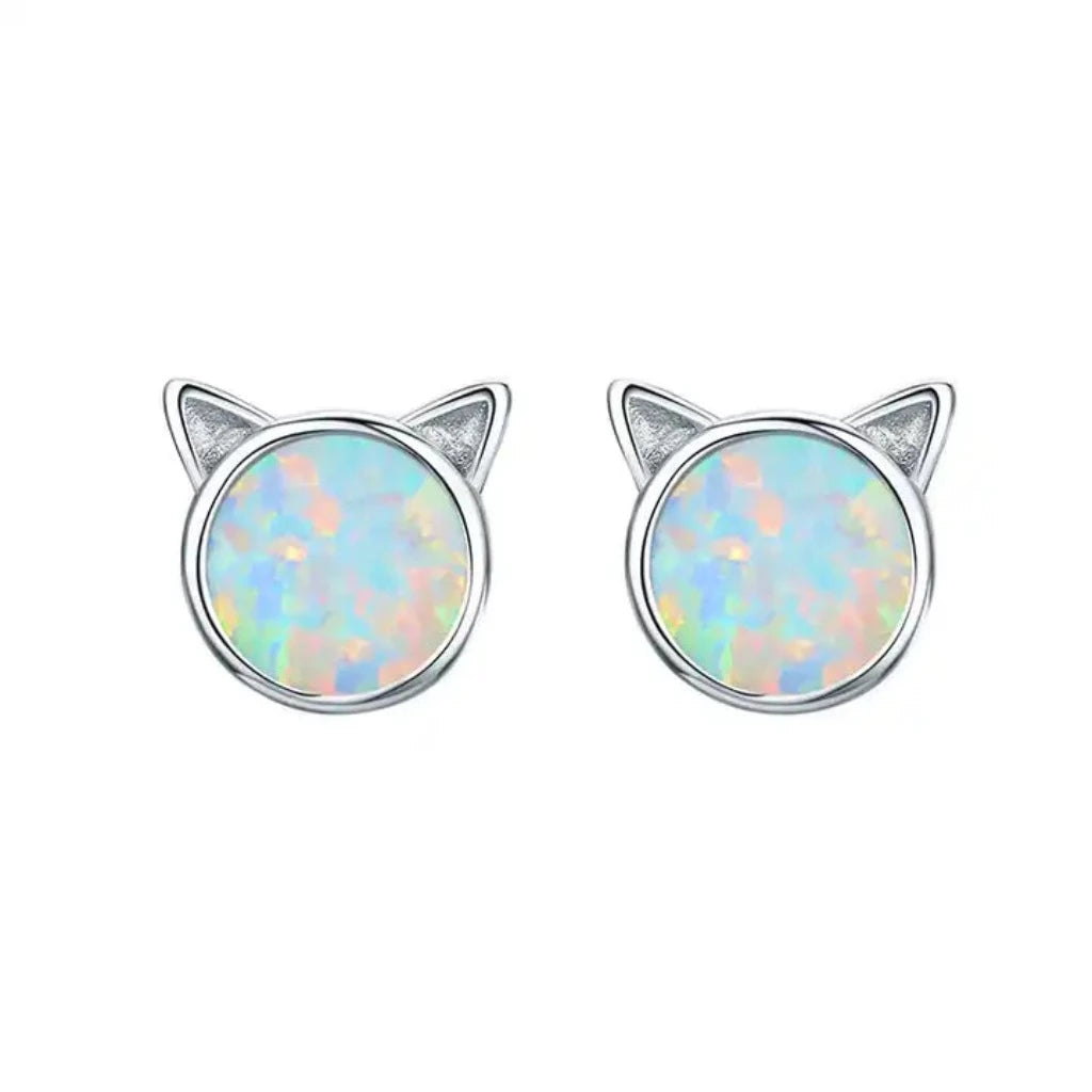 Opal Kitty face -  Sterling Silver Earrings