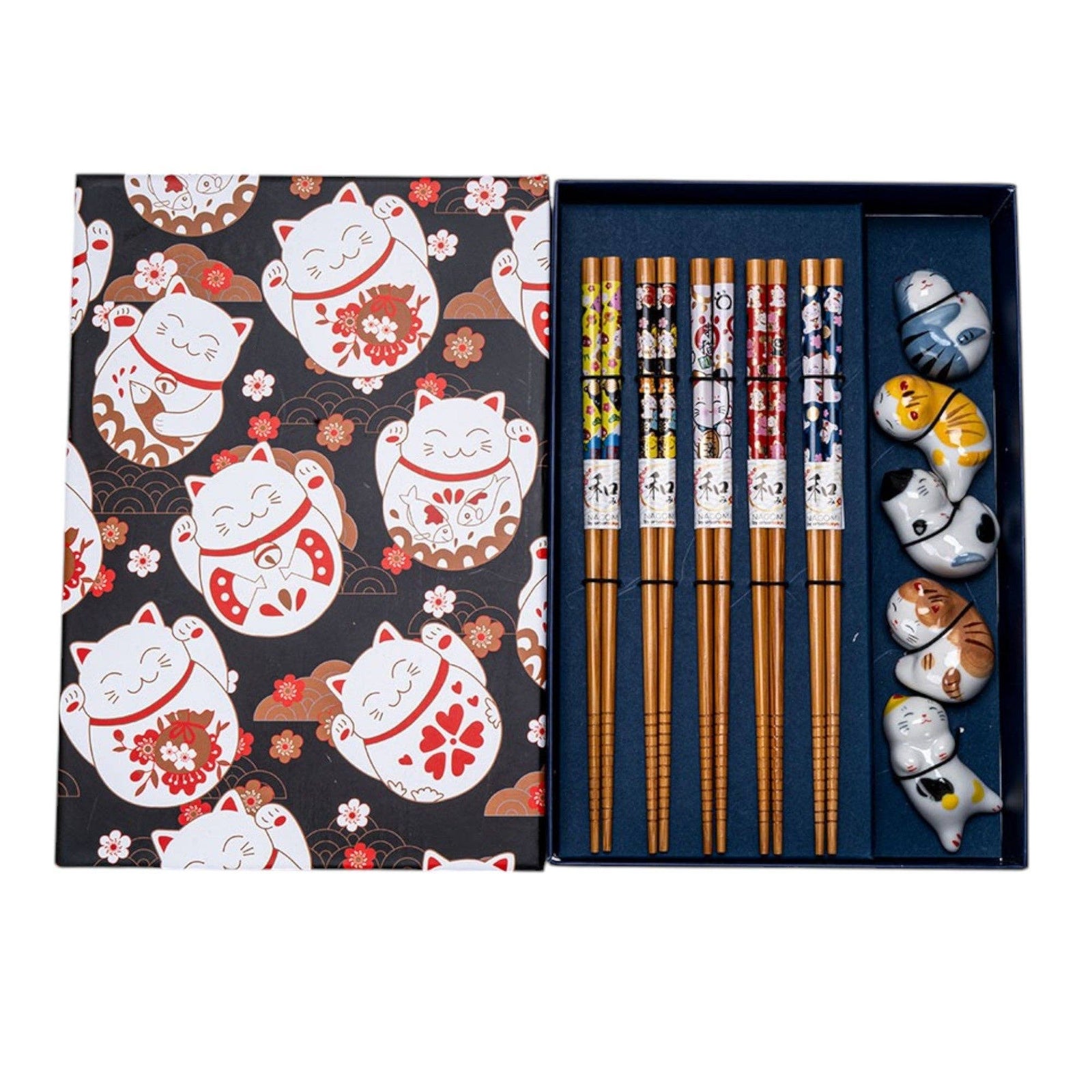 5 kittens -  Bamboo Chopsticks and Rests Gift Set