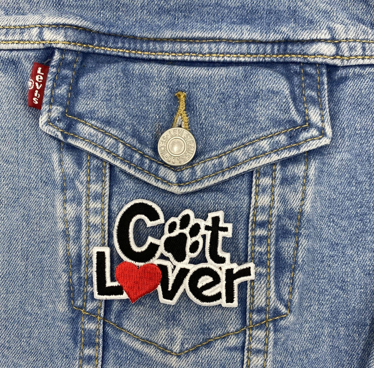 Cat Lover with Red Heart, Black Paw Print - Embroidered Iron-on Patch