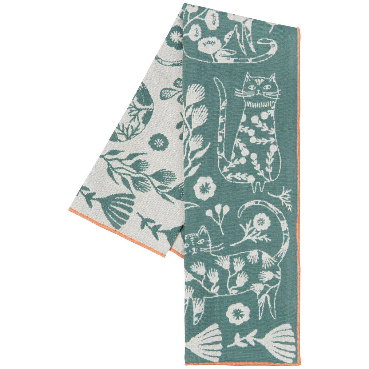 Floral Cats on Teal - Double Cloth Dishtowel