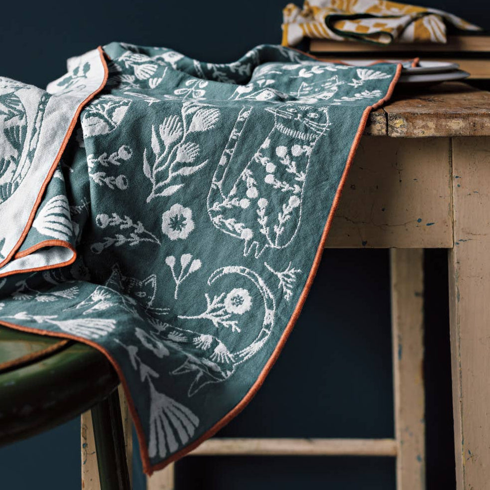 Floral Cats on Teal - Double Cloth Dishtowel