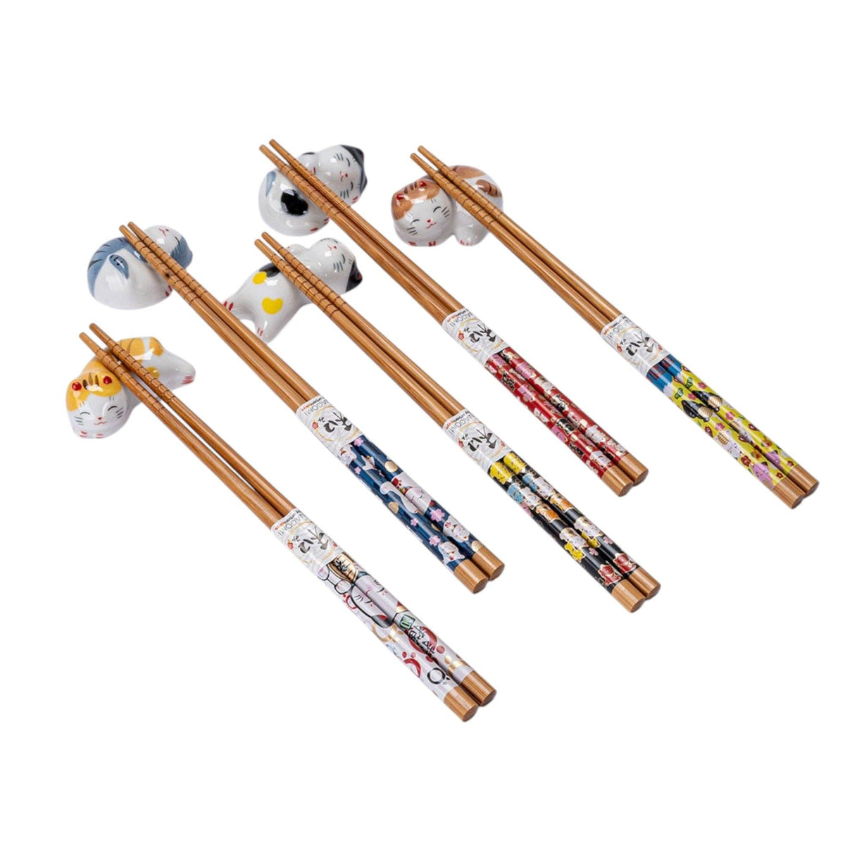 5 kittens -  Bamboo Chopsticks and Rests Gift Set
