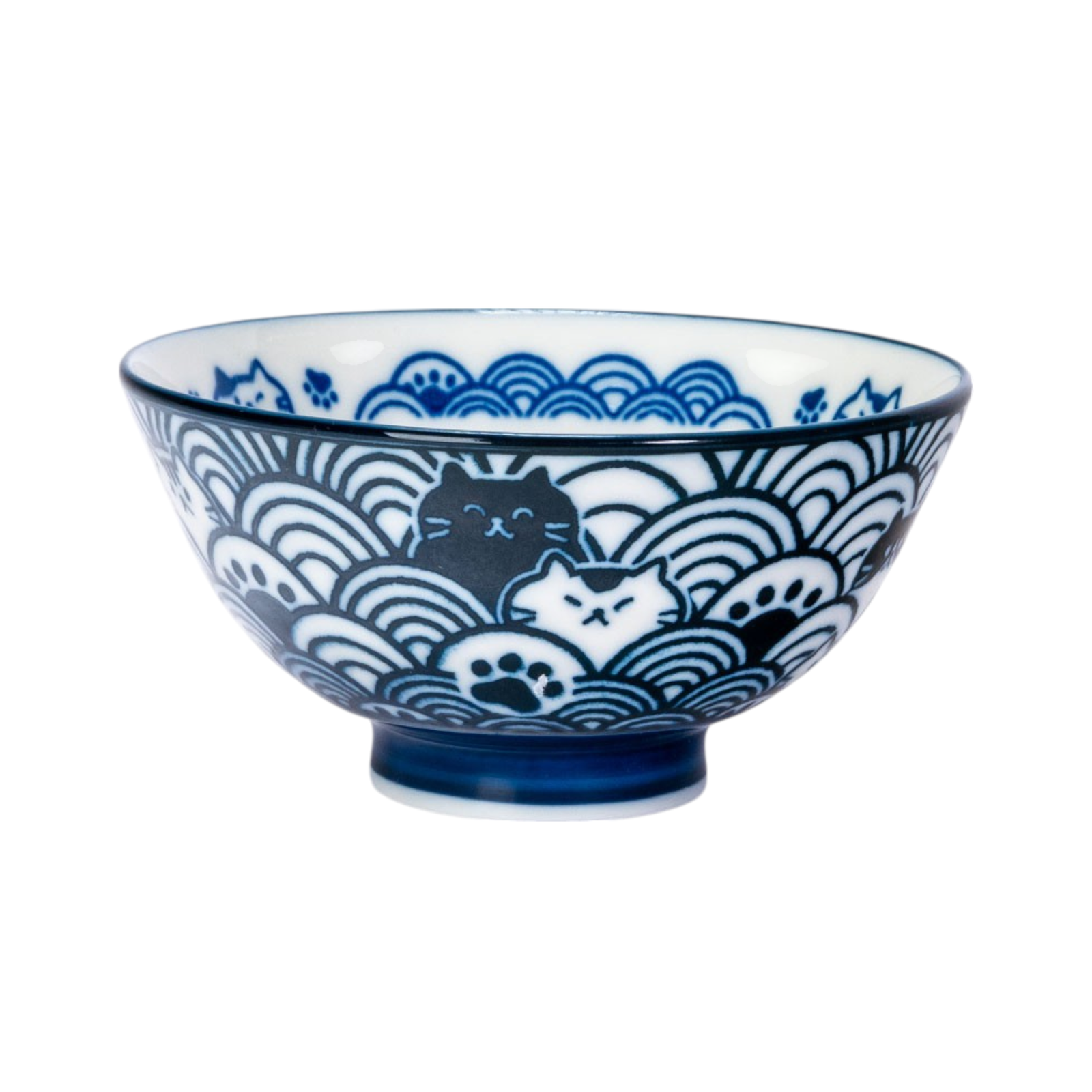 Seikaiha Neko Navy - Porcelain Rice Bowl