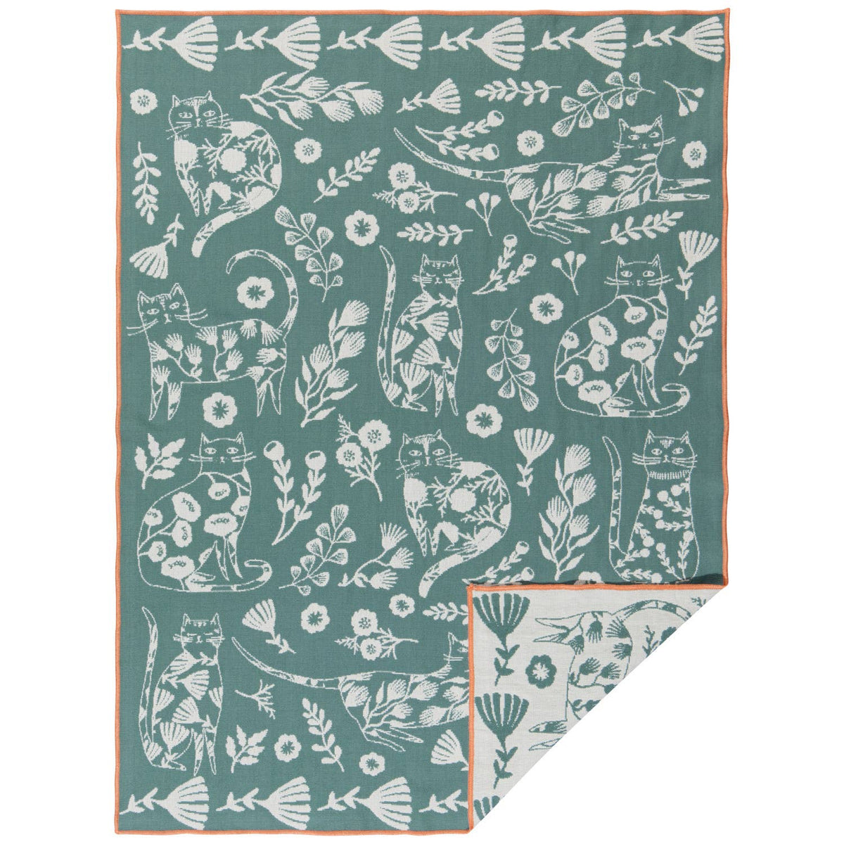 Floral Cats on Teal - Double Cloth Dishtowel