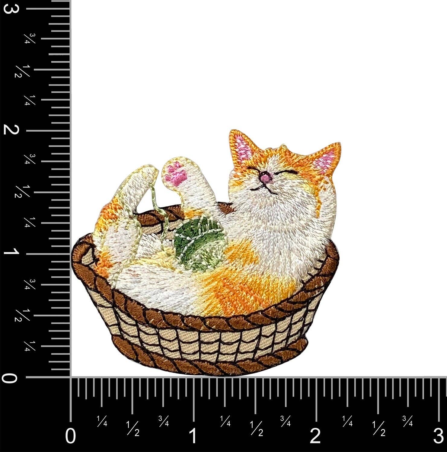 Orange and White Cat in Basket, Playing with Yarn Ball - Embroidered Iron on Patch