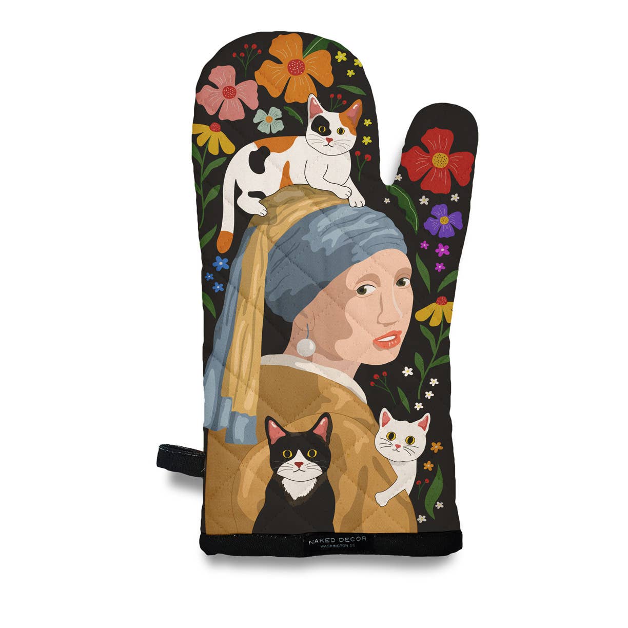 Girl with a Pearl Earring and 3 Cats - Oven Mitt 