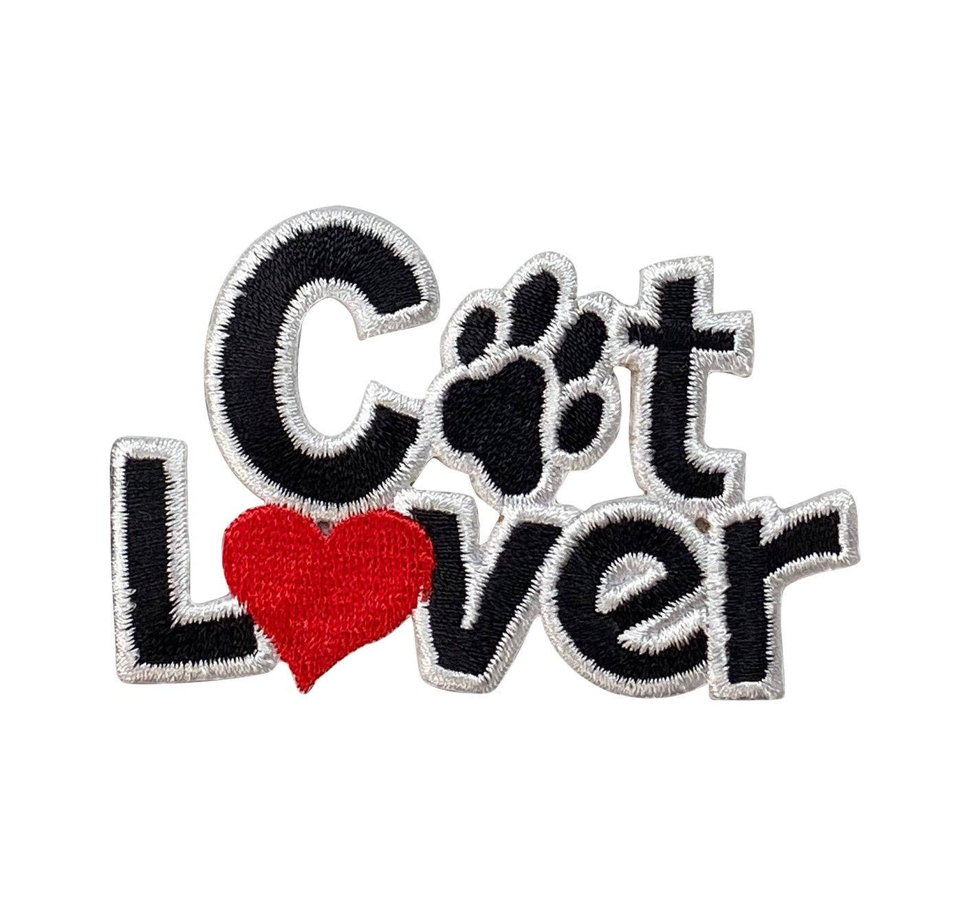 Cat Lover with Red Heart, Black Paw Print - Embroidered Iron-on Patch