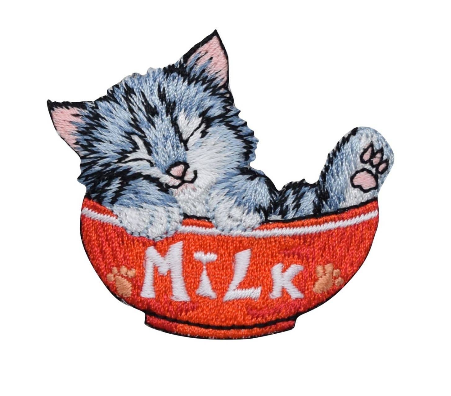 Cat in Red Milk Bowl - Embroidered Iron on Patch