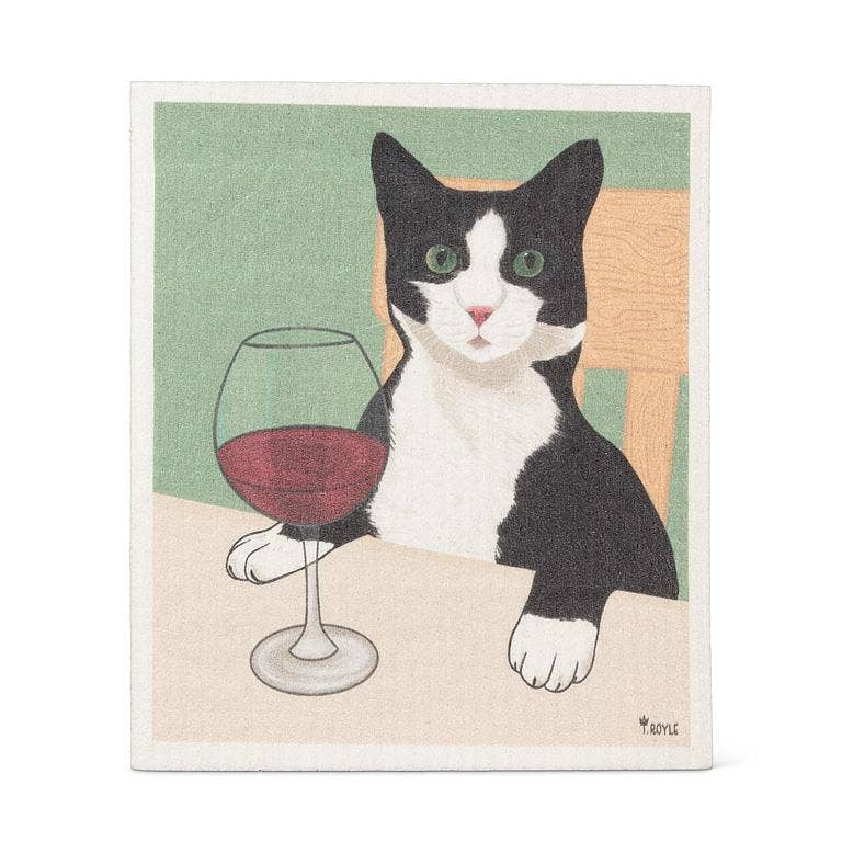 Cat with Wine - Swedish Dishcloth