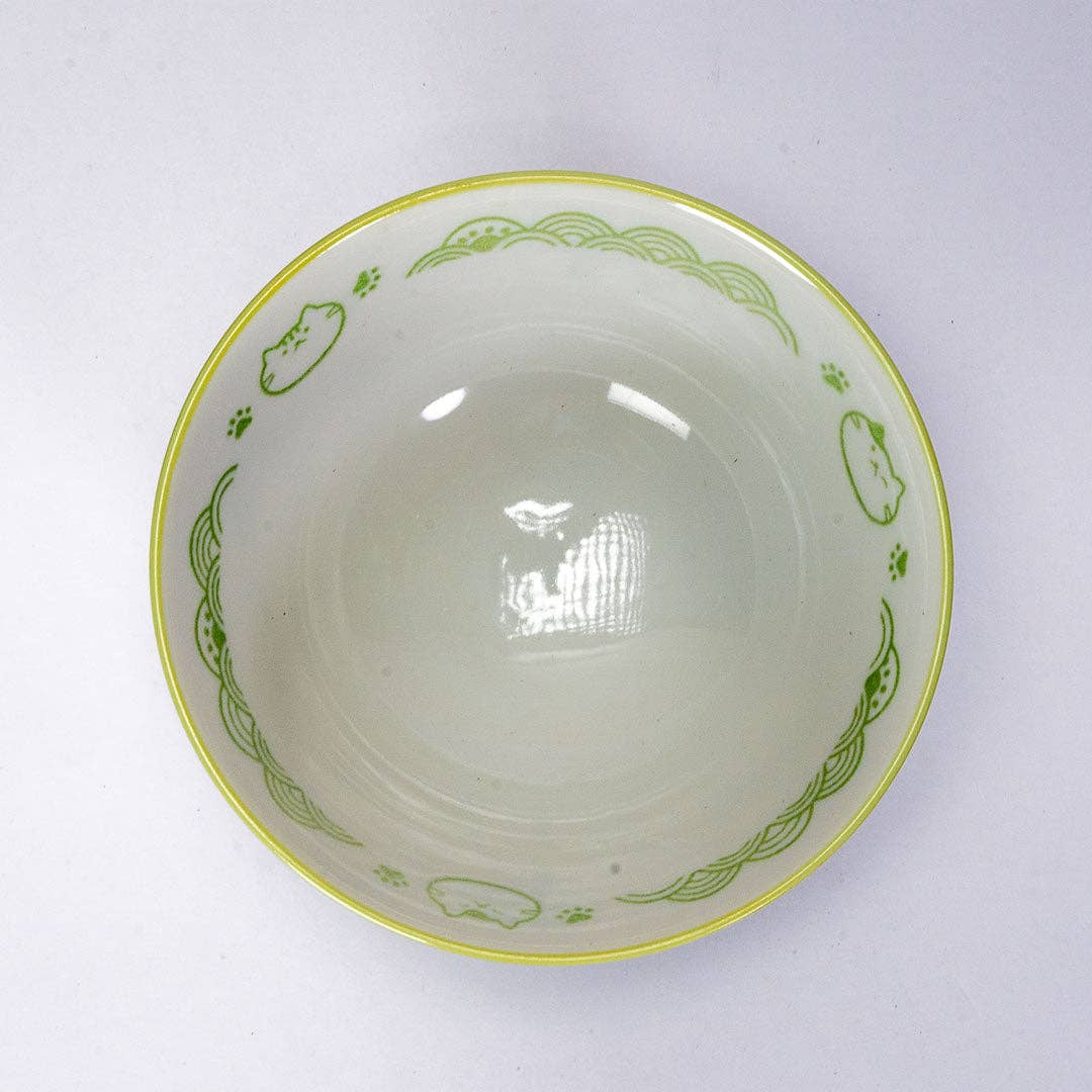 Seikaiha Neko Design - Green - Porcelain Rice Bowl