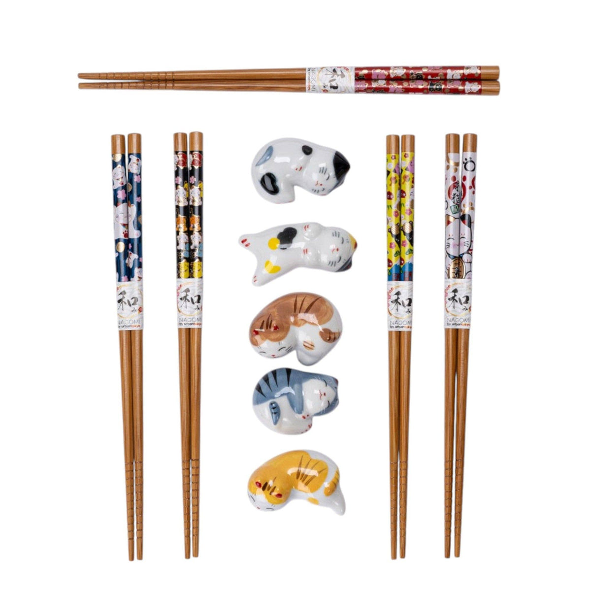 5 kittens -  Bamboo Chopsticks and Rests Gift Set