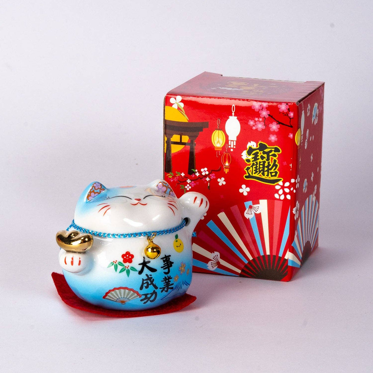 Blue and White Lucky Cat - Ceramic Figurine