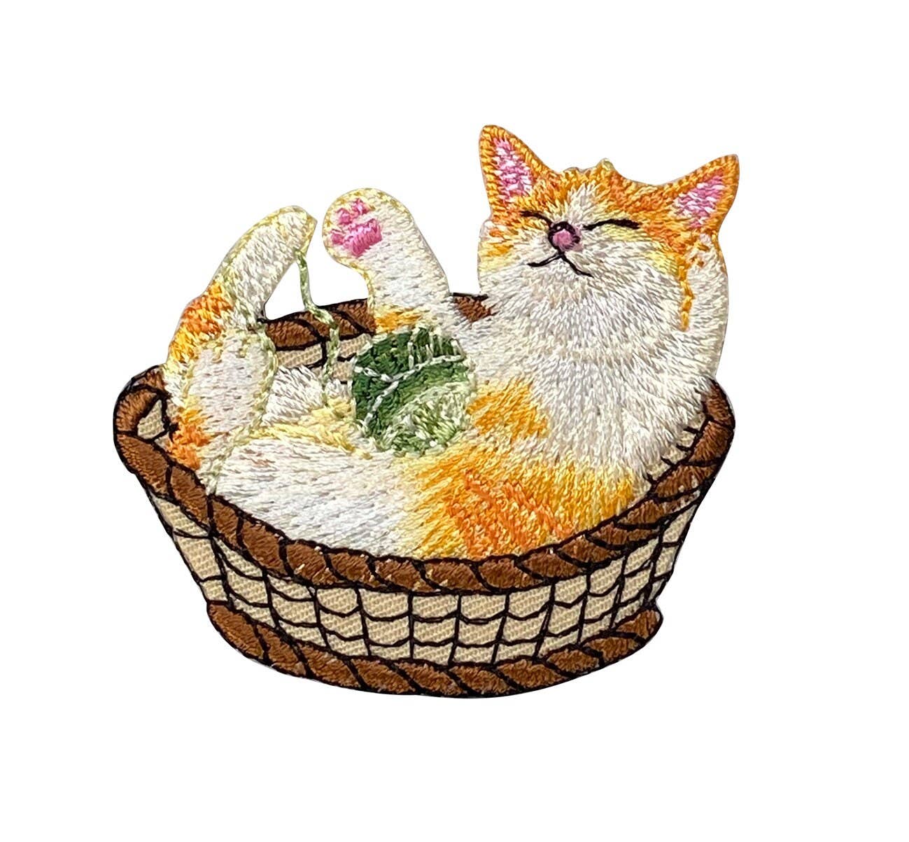 Orange and White Cat in Basket, Playing with Yarn Ball - Embroidered Iron on Patch