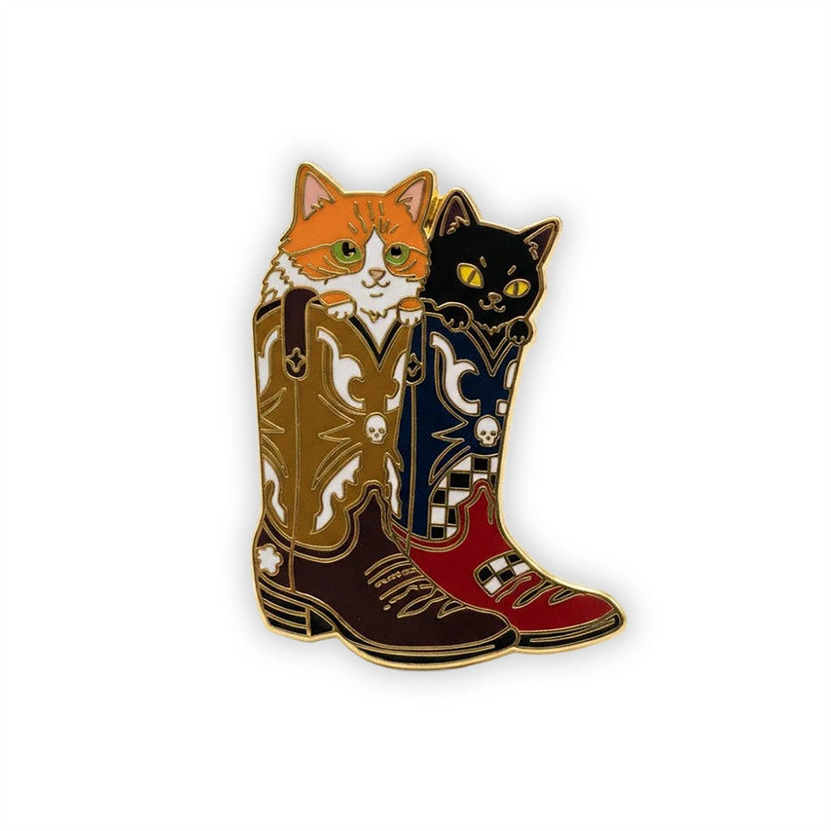 Orange Tuxedo and Black Cat Cowboy Boot Cats - Hard Enamel Pin
