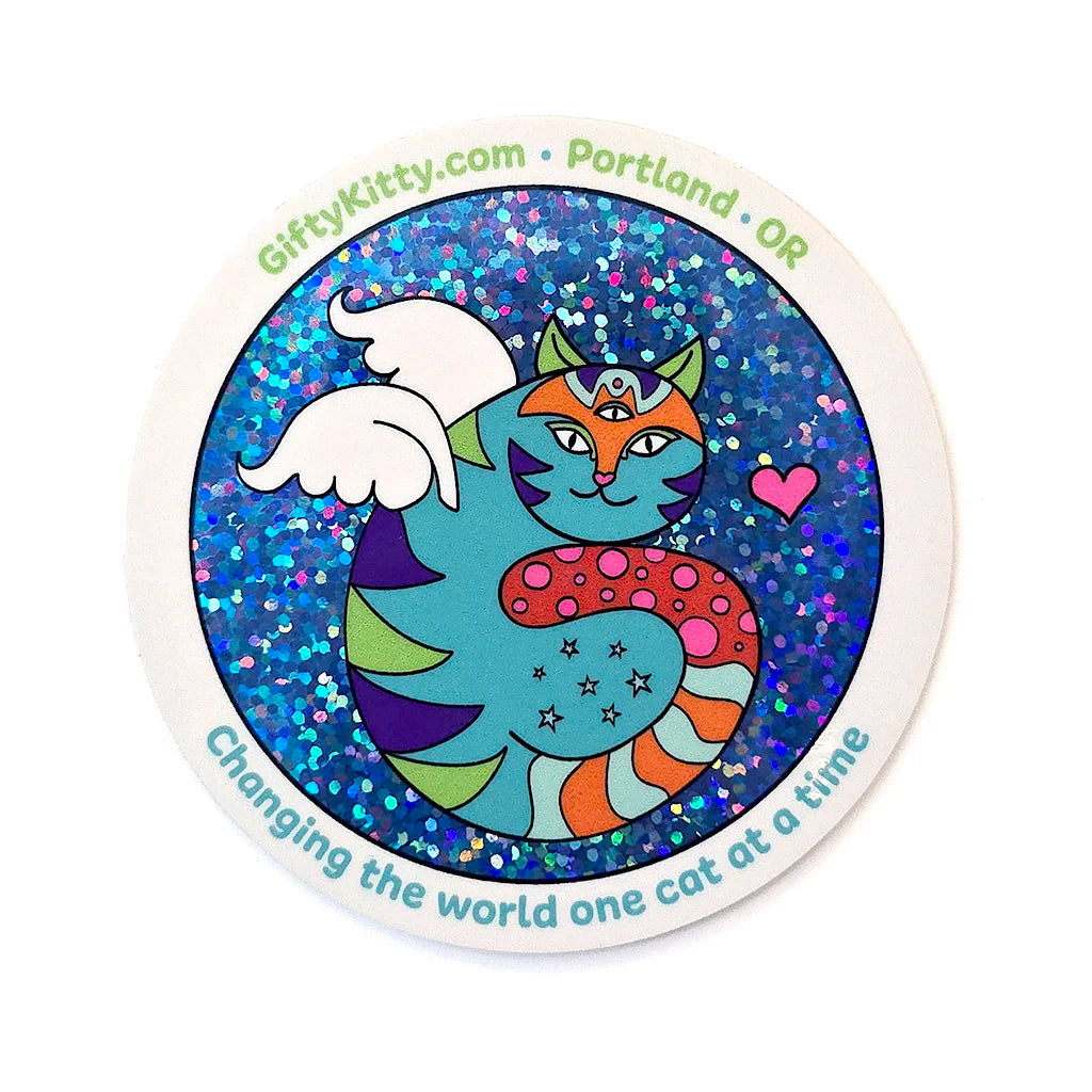 GiftyKitty Flying Cat Logo - Special Edition Blue Glitter Sticker