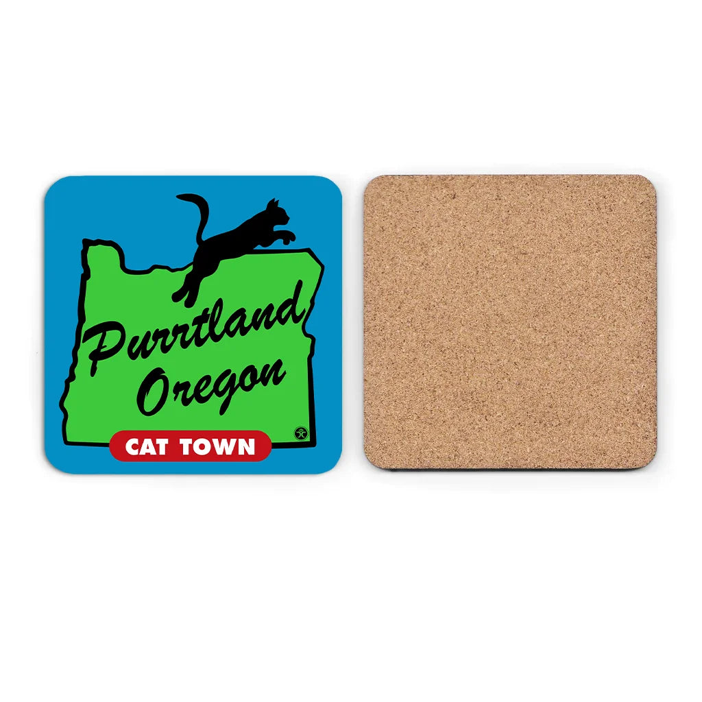 Black Cat Purrtland Cat Town - Blue/Green - Cork Coaster