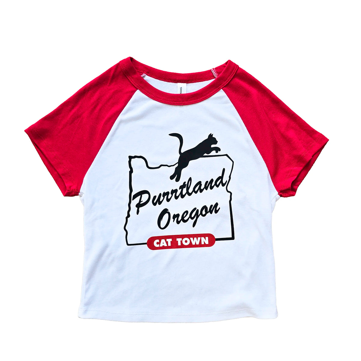 Purrtland Cat Town - Ranglan Crop T-Shirt - Red/White