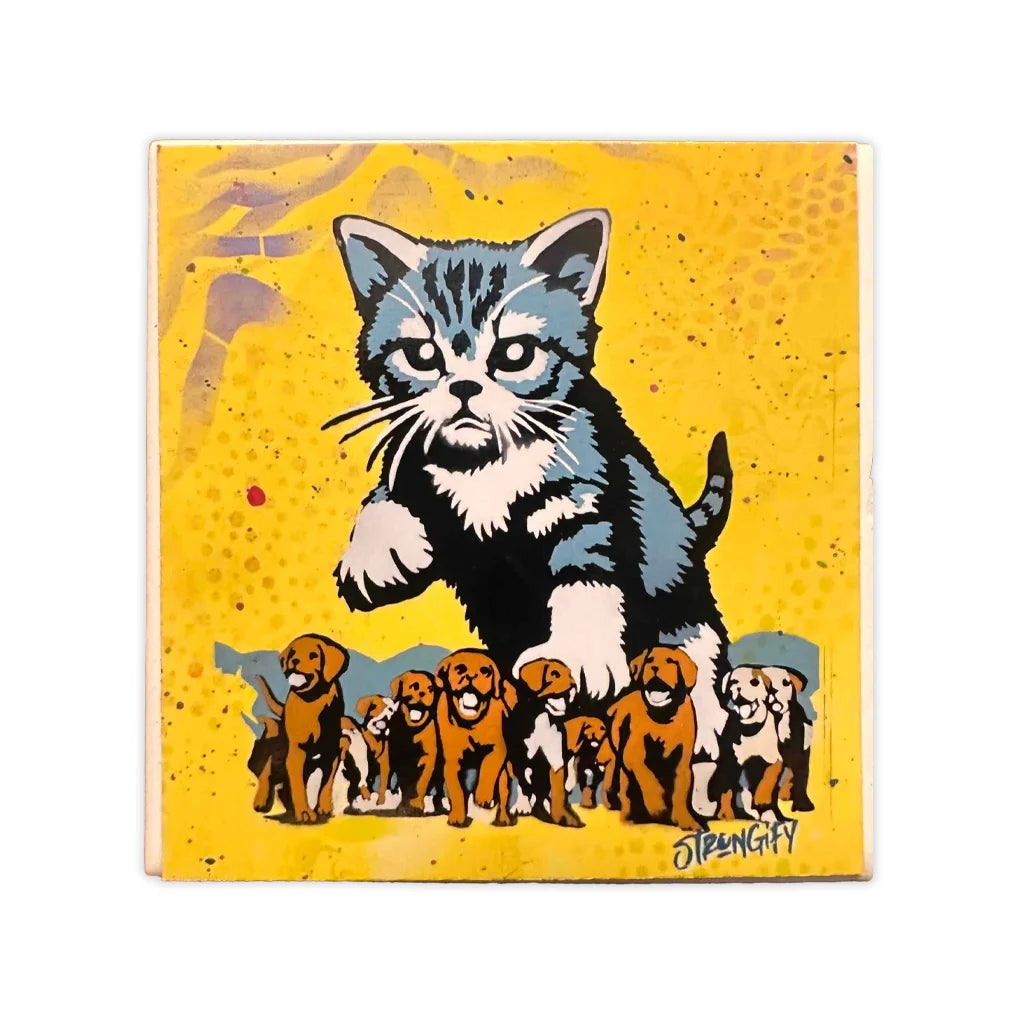 Stylized illustration of a cat with puppies on a yellow background