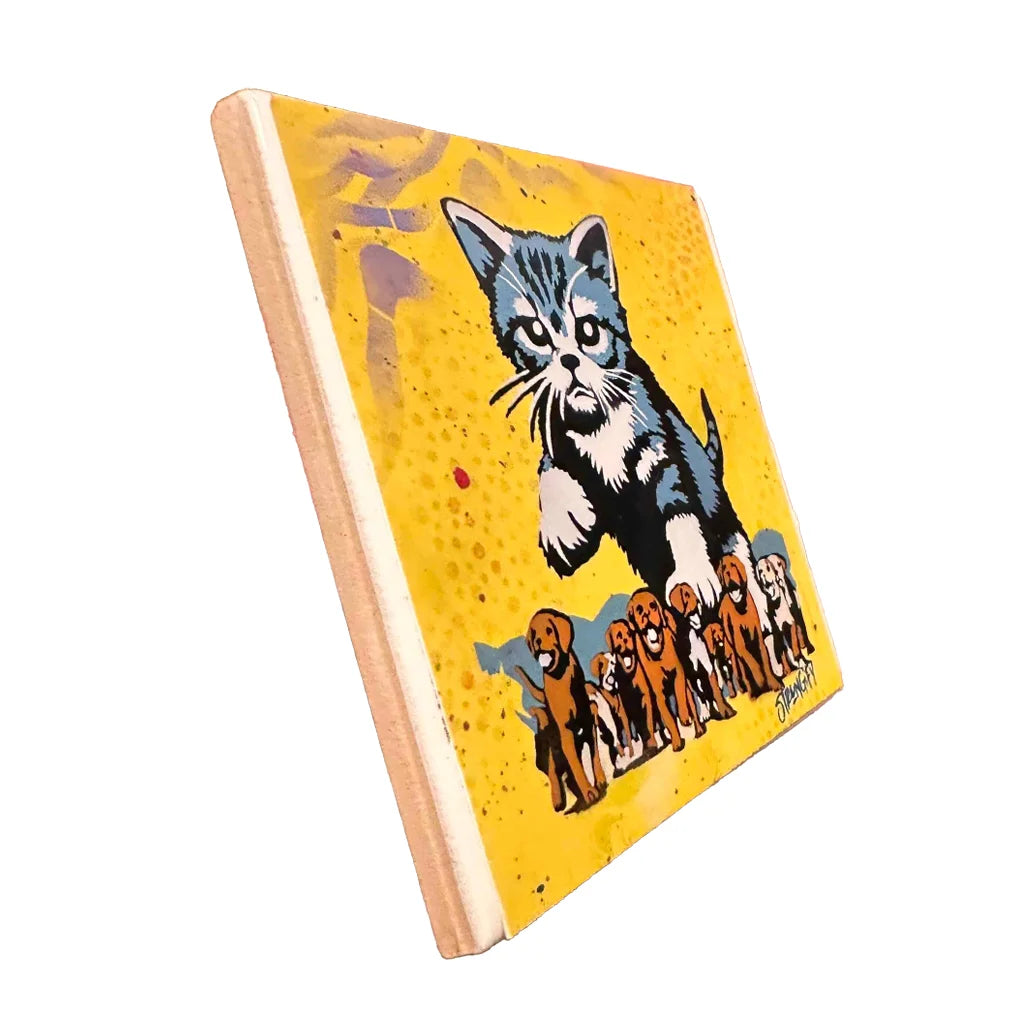 Stylized illustration of a cat with puppies on a yellow background