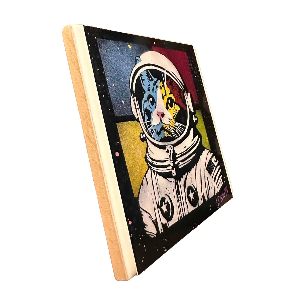 Cat in an astronaut helmet with a colorful design on a black background