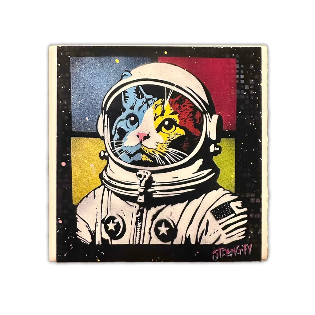 Cat in an astronaut helmet with a colorful design on a black background