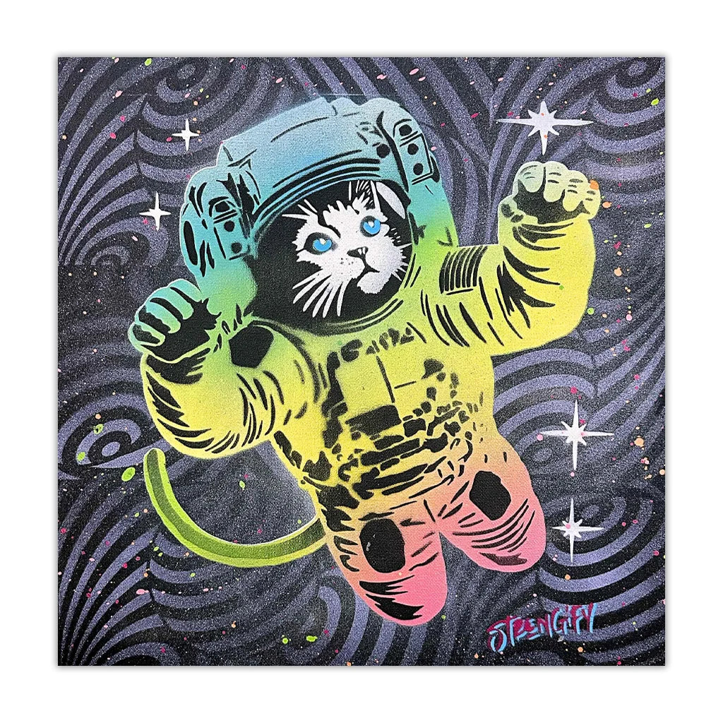 Colorful illustration of a cat in an astronaut suit floating in a space-themed background