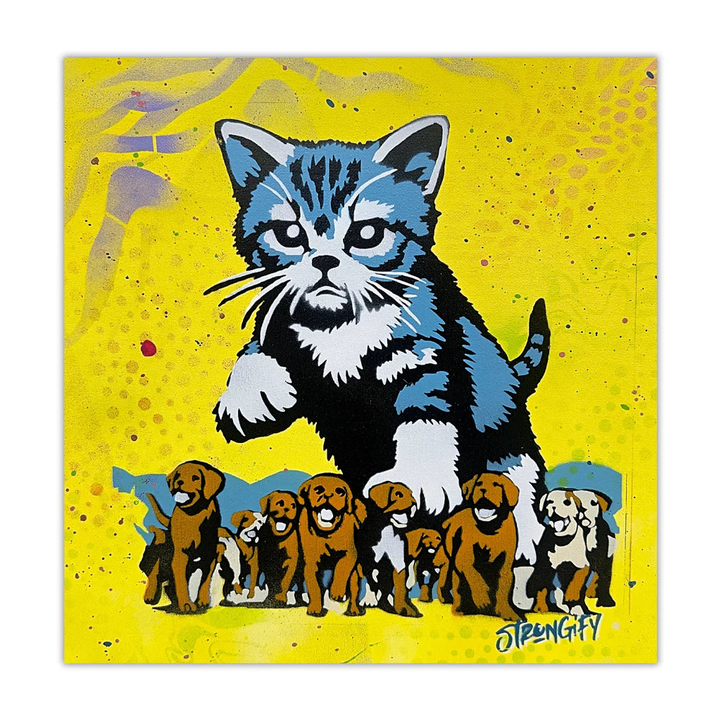 Colorful artwork of a cat and dogs on a yellow background