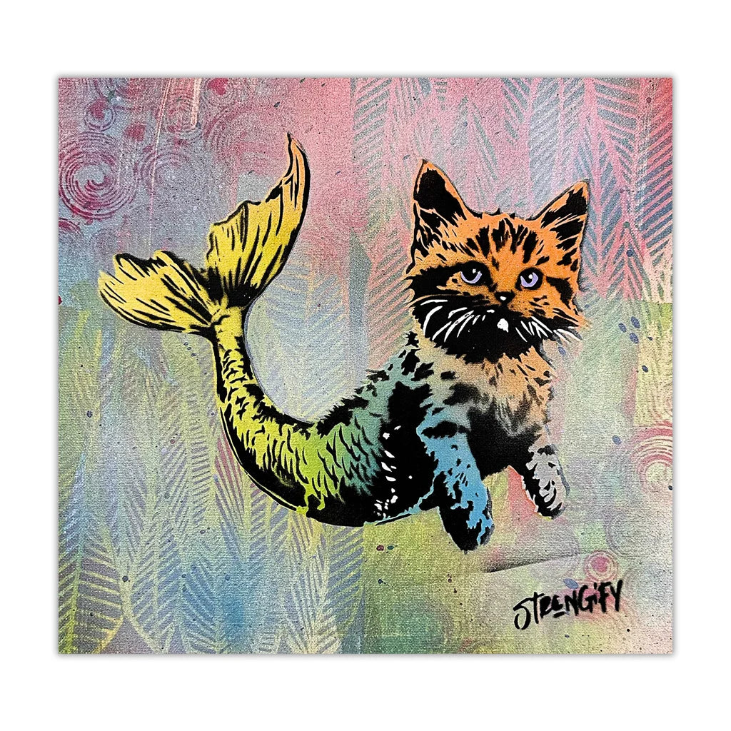 Artistic depiction of a cat with a fish tail on a colorful abstract background