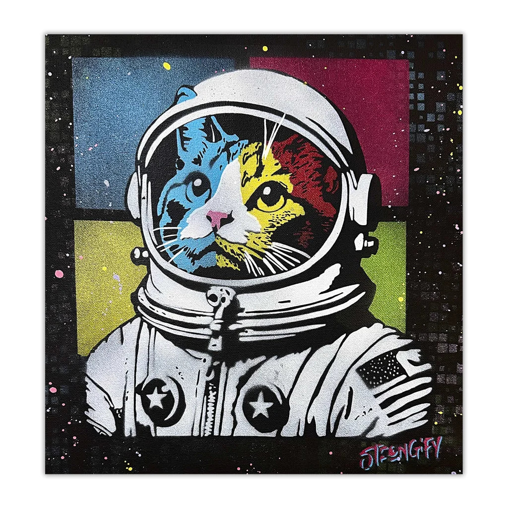 Artistic depiction of a cat in an astronaut suit with a colorful background