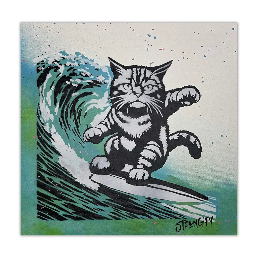 Illustration of a cat surfing on a wave with a signature at the bottom right corner.