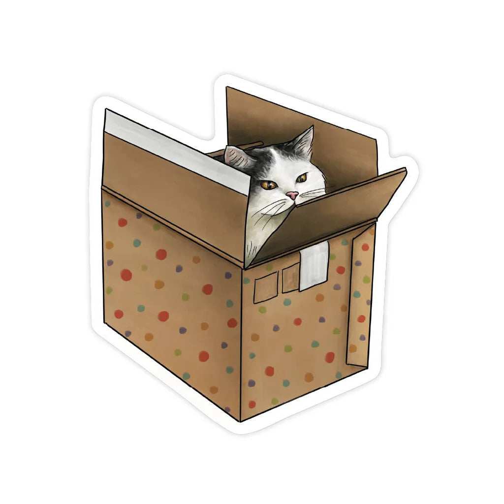 Illustration of a black &amp; white cat peeking out from a polka dot box on a white background