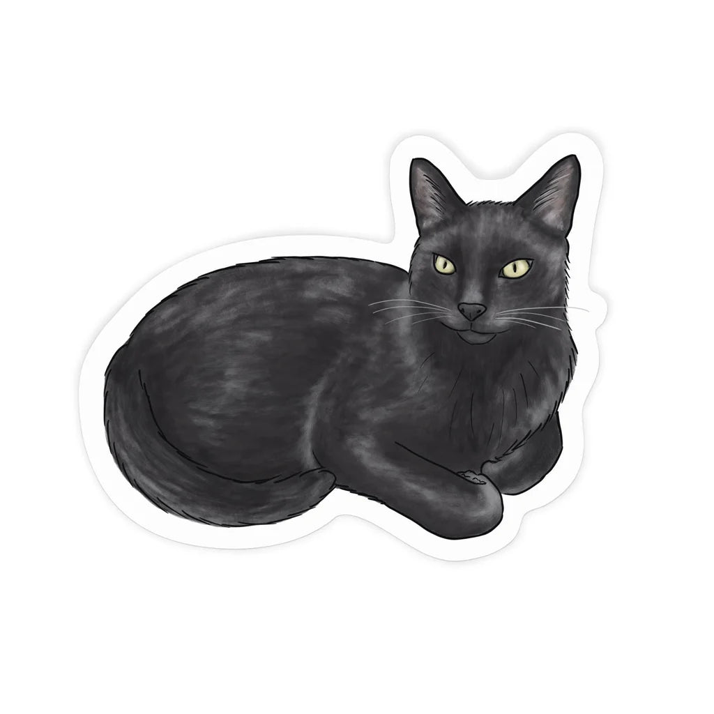 Illustration of a black cat with green eyes on a white background