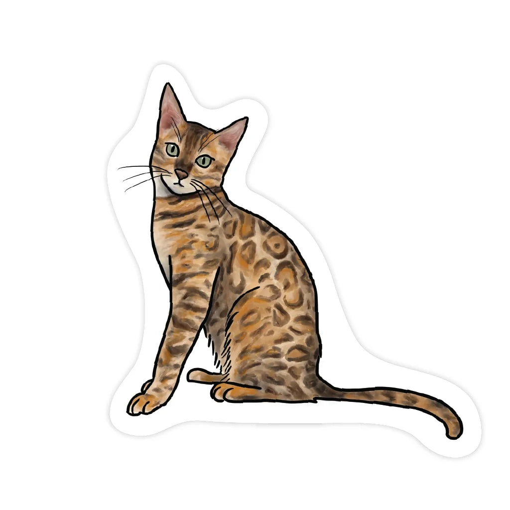 Illustration of a sitting Bengal cat with a spotted coat on a white background